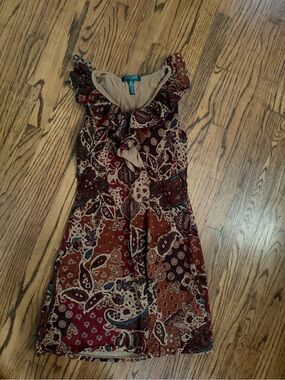 Lauren Ralph Lauren Dress Womens Petite Small Brown Ruffle A Line Ruffle